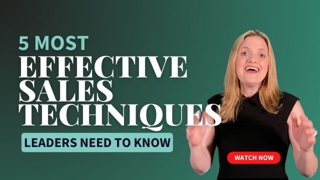 Brooke Greening presenting '5 Most Effective Sales Techniques Leaders Need to Know' with a 'Watch Now' button.